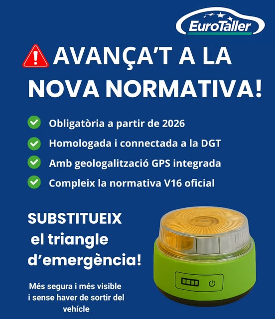 Publicació d’ODENAUTO i EuroTaller amb una balissa d’emergència V16 sobre fons blau.